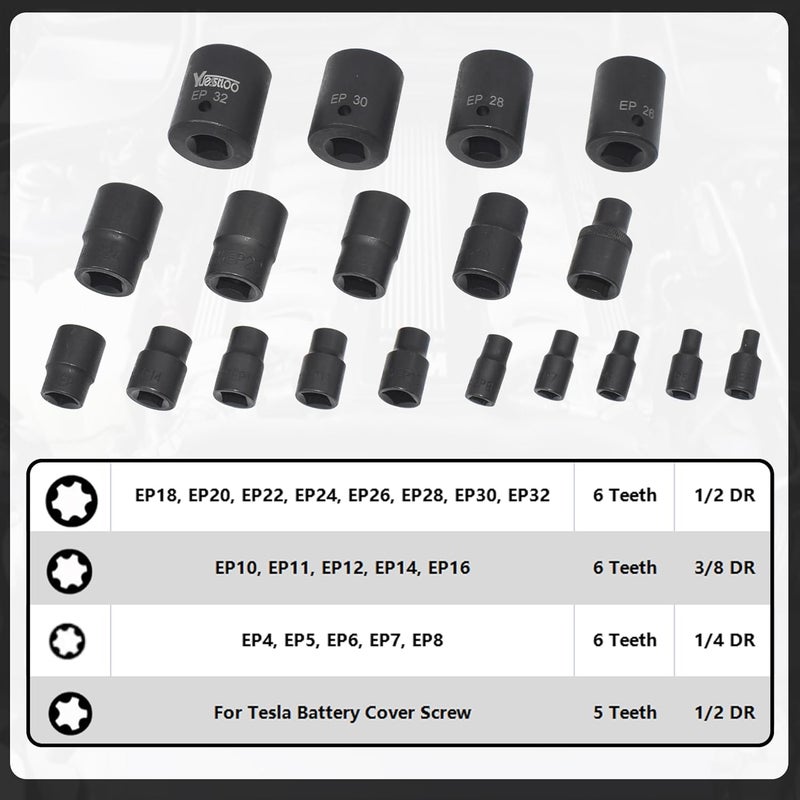 Yuesstloo Torx Plus Socket Set, External Torx Plus 6 Point EP Socket EP4 - EP32 19Pcs With 1/2'' 3/8'' 1/4'' Dr, Replacement for E-TORX Socket Set, Works with Most Cars and Tesla - Image 2